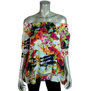 Westbound Off Shoulder Top Large Petite Gauze Floral Eyelet Pullover Multicolor